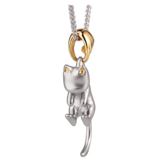 Brushed Silver Cat Swinging Tail Hanging from Gold Clasp Necklace - Picture 5 of 6